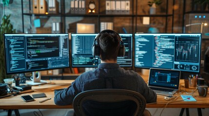In a modern office setting, a DevOps Engineer, a man wearing glasses, concentrates on reading data on his computer screen alongside data science and financial analysts. Jobs in demand for young men