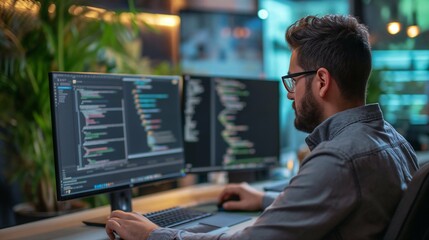 In a modern office setting, a DevOps Engineer, a man wearing glasses, concentrates on reading data on his computer screen alongside data science and financial analysts. Jobs in demand for young men