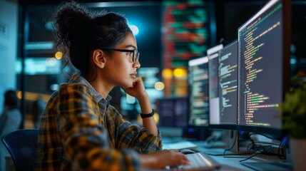 Focused DevOps Engineer, a woman, reads data on her computer screen in a modern office, collaborating with data science and financial analysts. Female jobs in demand for the young generation