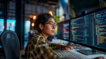 Focused  DevOps Engineer African American woman reads data on her computer screen in a modern office alongside data science and financial analysts. Female jobs in demand for young generation