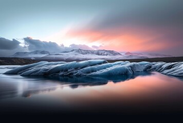 As the sun sets over the glacial lake, the towering icebergs reflect off the crystal clear water, creating a breathtaking landscape of snow, nature, and melting ice in the arctic - obrazy, fototapety, plakaty