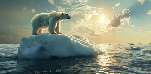 Keuken spatwand met foto Against a vast expanse of sky and water, a solitary polar bear stands atop a melting iceberg, a symbol of the precarious balance between humanity and nature © Dejan