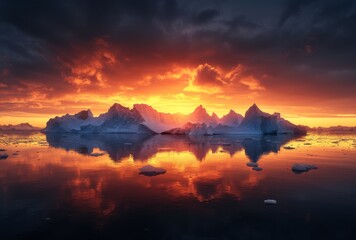 As the fiery sun dips below the horizon, the serene waters reflect the towering icebergs and...