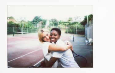 Female Tennis Couple Smiling and embracing on a tennis court, retro toned. Happiness Playful Sport Concept.