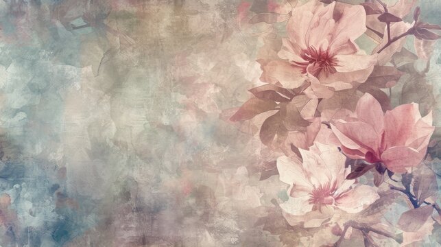  a painting of a bunch of pink flowers on a blue and green background with a grunge effect to the bottom of the image and bottom half of the image.