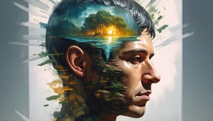 Double exposure head with forest background, nature, planet - AI Generated