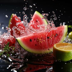 succulent slices: the vivid allure of watermelon slices kissed by refreshing droplets of water. Ai Generated