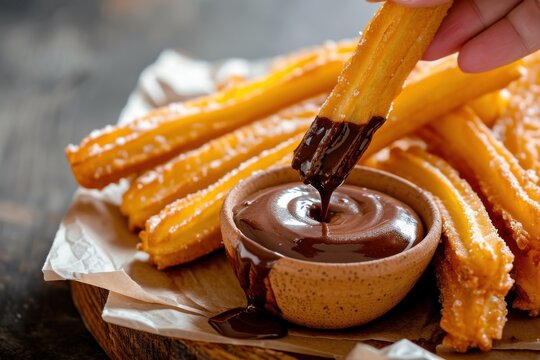 Churros served with chocolate sauce and a hand dipping one churro into the sauce close-up