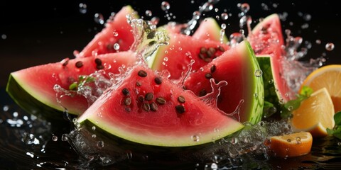 succulent slices: the vivid allure of watermelon slices kissed by refreshing droplets of water. Ai Generated
