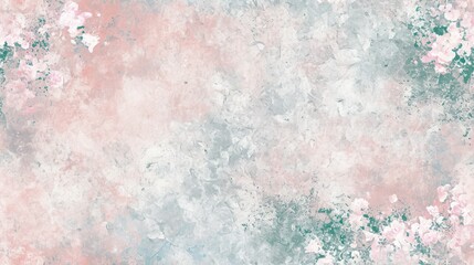  a painting of pink and green flowers on a pink and gray background with white and green paint splattered on the left side of the top of the image.