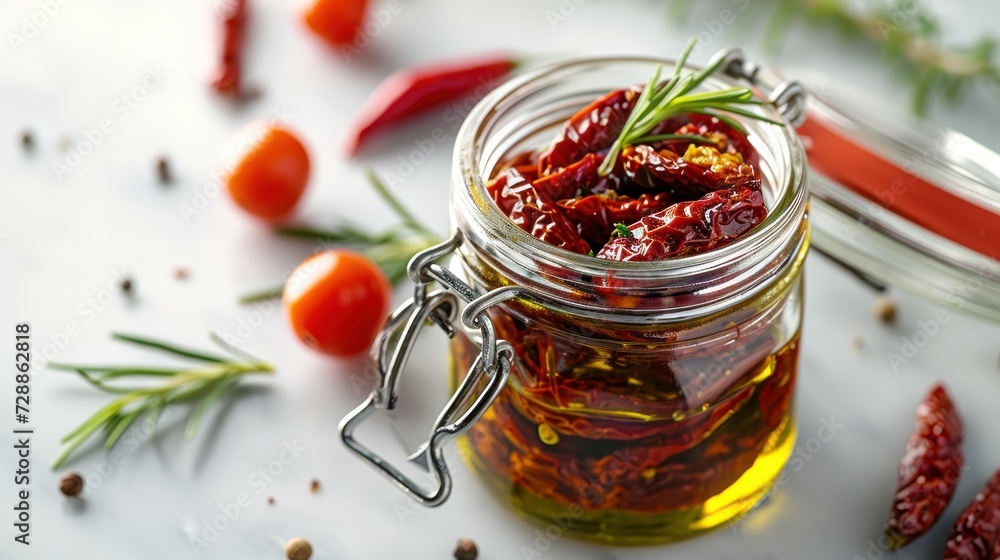 Poster a close up of a jar of food on a table next to a knife and some tomatoes on the side of the jar and 