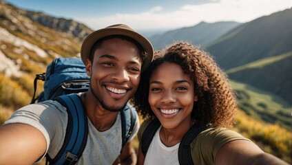 Close-up selfie of a young, attractive black couple smiling in the mountains, wearing casual hiking gear, with a scenic landscape in the background.