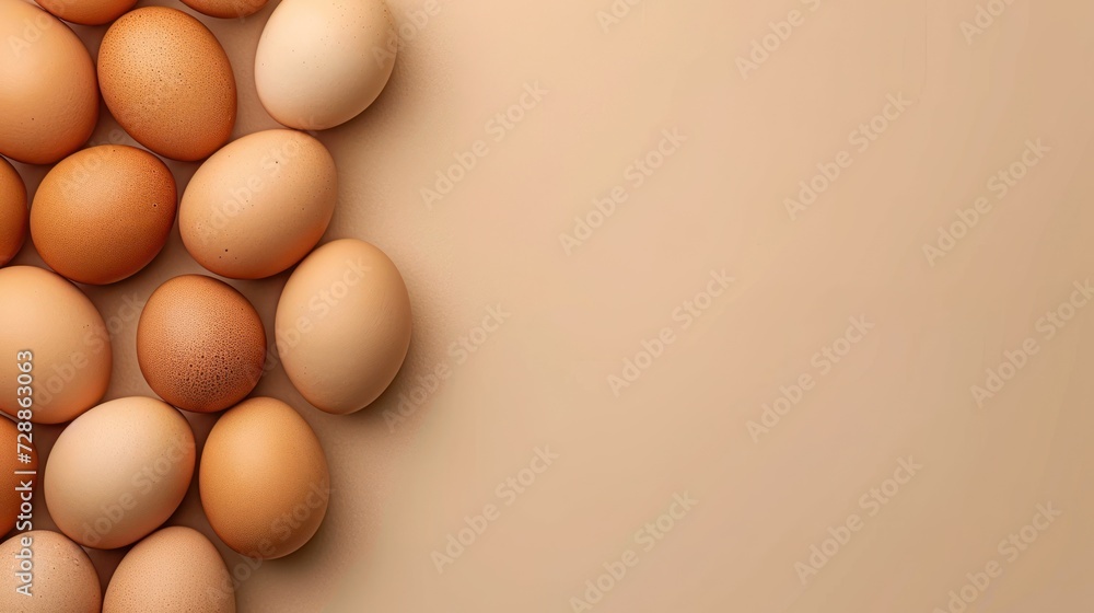 Poster a pile of brown eggs sitting on top of a white counter top next to a light brown background with a s