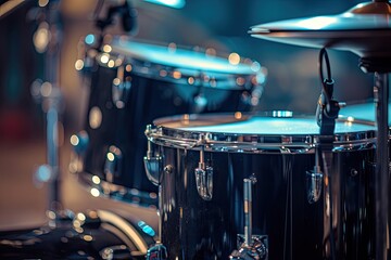 Close up of a black drum kit in a studio Musician s set with various drums Instruments for drumming performance Dark rock metal style Focused on cymbals - obrazy, fototapety, plakaty