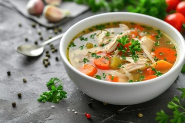 Close up of a white bowl with chicken soup and vegetables on a grey stone background