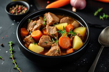 Classic Irish stew served in a black bowl against a dark backdrop made with lamb potatoes onions carrots and thyme A traditional St Patrick s Day delicacy