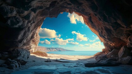 majestic cave in front of a beautiful beach during the day with good lighting in high resolution
