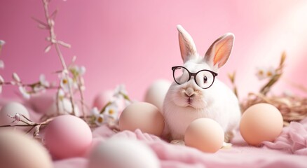 Naklejka na ściany i meble Scholarly Sweetness: White Bunny with Glasses on Pink Fluffy Background
