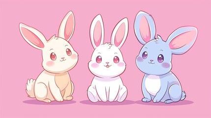Obraz na płótnie Canvas Cute Trio: Illustrated Pastel Bunnies on Pink Background