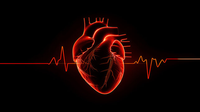 Abstract shape of human heart with blue digital red line of cardiac pulse. on a black background. Health, cardiology, cardiovascular disease concept