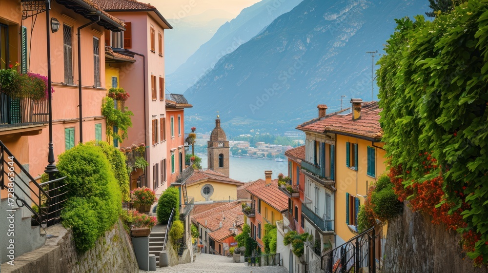 Poster a view of a town with a steeple and a steeple with a steeple and a steeple with a steeple with a ste