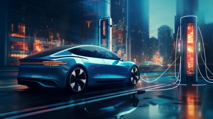EV Car or Electric vehicle at charging station with the power cable supply plugged in on blurred nature with blue enegy power effect. Eco-friendly sustainable energy concept. Neural network AI