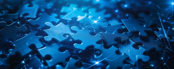 Interlocking blue puzzle pieces glowing with digital connections