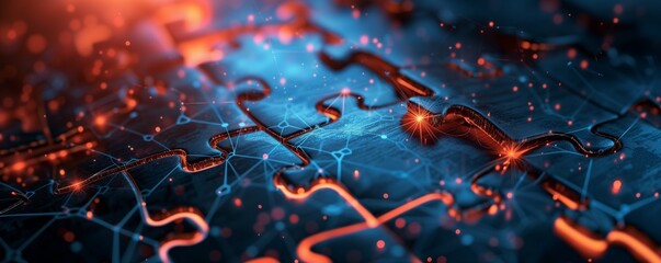 Abstract image of red and blue puzzle pieces with a vibrant network