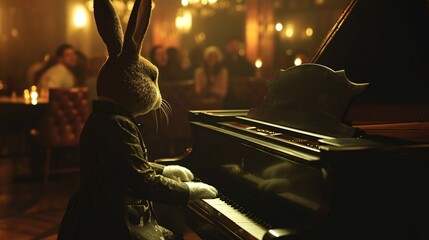 Fototapeta na wymiar Enchanted Evening: Mystical Bunny Playing Piano in Ambient Jazz Club