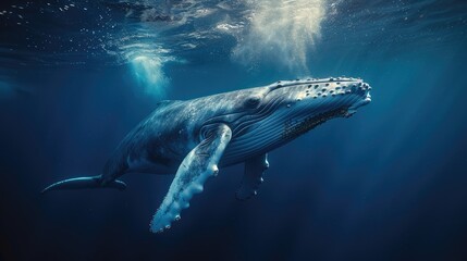 Blue Whale swimming in ocean. Humpback Whale underwater