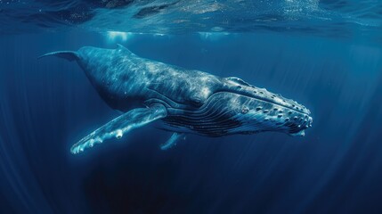 Blue Whale swimming in ocean. Humpback Whale underwater
