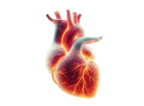 Heart Organ Technology Isolated Transparent Background. Human Heart Glowing Colorful. Artificial Heart Technology. 3D Print Heart. Future Health Industry.