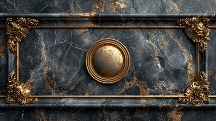 Ornate Golden Frame With a Central Medallion on a Marble Background