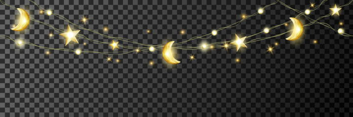 Ramadan and Al Adha islamic decoration on transparent background. Hanging stars and crescents lights string. Muslim holidays garland. Arabiс festive frame. Night sky shiny moon border. Vector. - obrazy, fototapety, plakaty