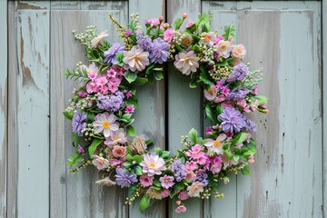 Serene Spring: Easter Wreath Adorning a Vintage Turquoise Door