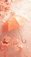 A peach-colored umbrella with a blooming branch. Vertical orientation