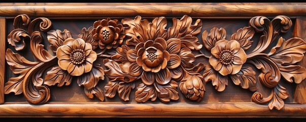 Detailed patterns carved in rich antique wood, textured background