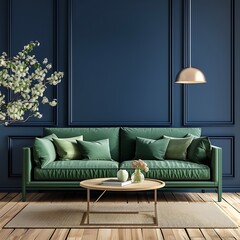 A chic teal sofa adorned with cozy pillows is set against a deep navy blue wall,
