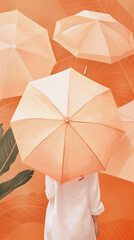 A woman in white shirt standing behind a peach-colored umbrella, and umbrellas are flying around. Vertical orientation. Umbrella Day