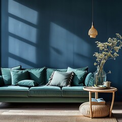 Modern interior design with a sophisticated teal sofa, cozy cushions, and vibrant houseplants.