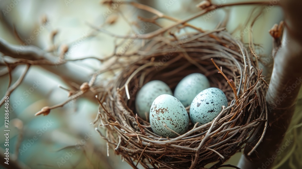 Poster a bird's nest with four eggs sitting on the branch of a tree in front of a blurry background of a bl