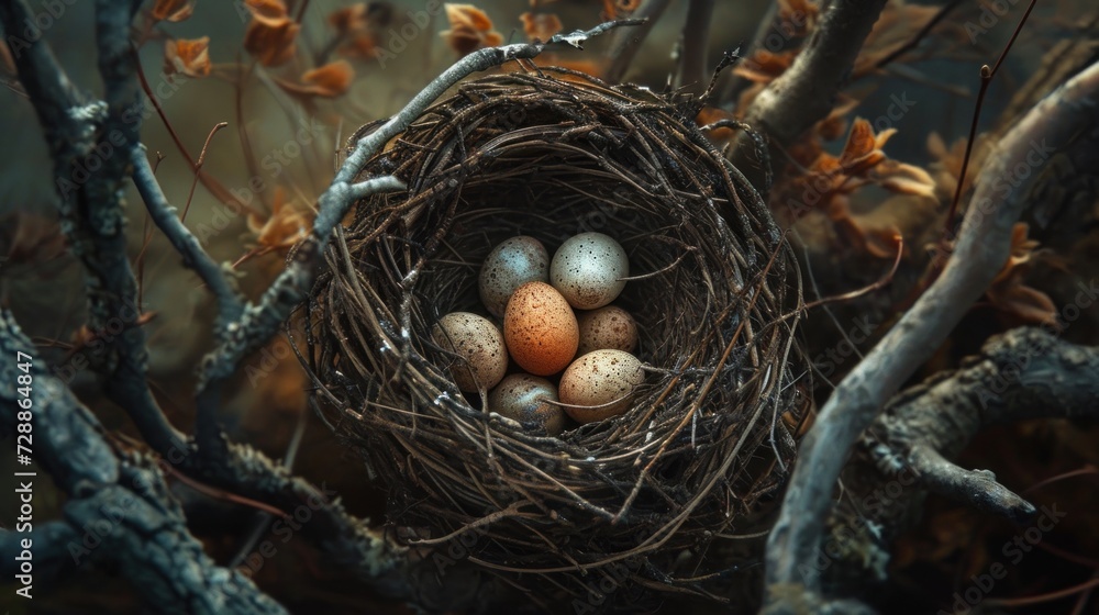 Poster a bird's nest with four eggs sitting in it's nest on top of a tree branch in a wooded area, with lea