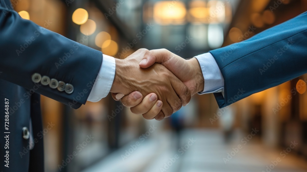 Poster a close up of two people shaking hands in front of a building with lights on the outside of the buil