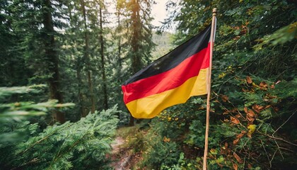 A Germany flag waving in the beautiful green forest, national symbol