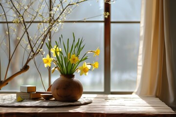 Cozy ambiance enhanced by stylish ikebana featuring yellow narcissus