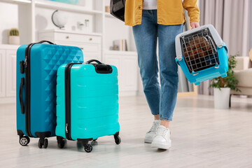 Travel with pet. Woman holding carrier with dog at home, closeup