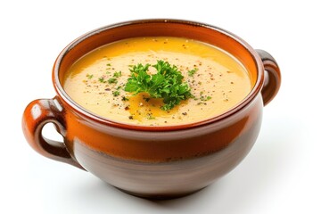 Delicious cream soup in a dish on a white backdrop