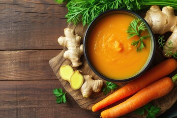 Delicious carrot soup and fresh ginger on wooden table in a composition