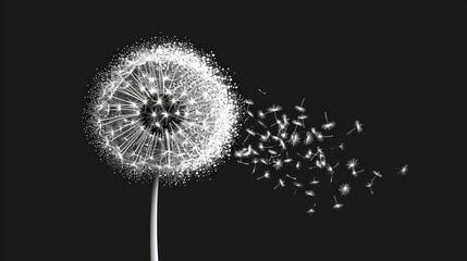  a black and white photo of a dandelion blowing in the wind on a black background with a black and white photo of a dandelion in the foreground.