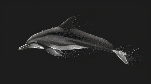  a black and white photo of a dolphin jumping in the air with bubbles coming out of it's mouth and water droplets coming out of it's mouth.